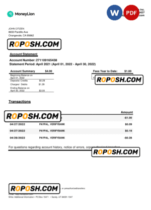 USA California MoneyLion bank statement, Word and PDF template