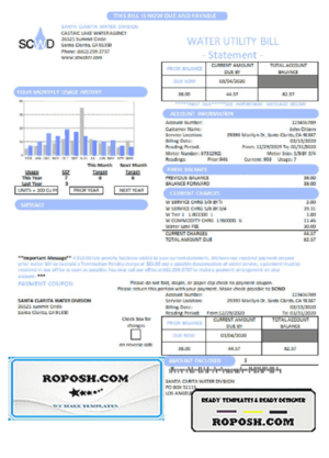 USA California Santa Clarita Water Division (SCWD) utility bill template in Word and PDF format