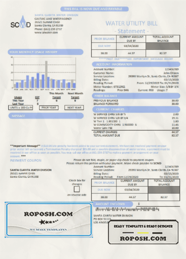 USA California Santa Clarita Water Division (SCWD) utility bill template in Word and PDF format
