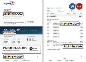 USA Capital One bank statement Word and PDF template, 4 pages