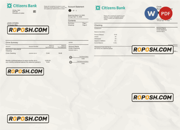 USA Citizens bank statement Word and PDF template, 2 pages