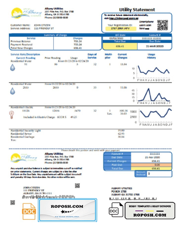 USA Georgia City of Albany water and electricity utility bill template in Word and PDF format