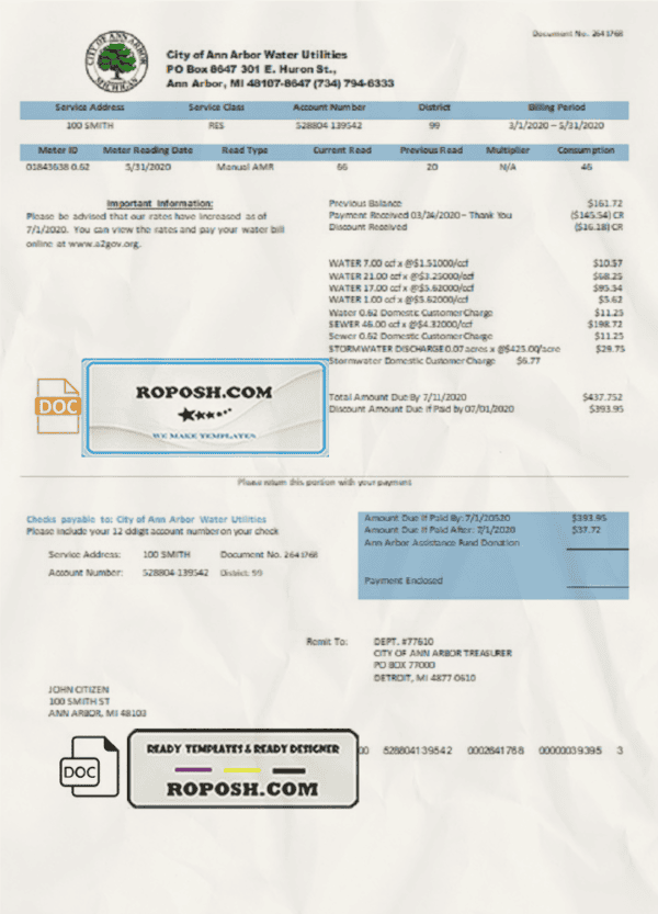 USA Michigan City of Ann Arbor Water Utilities bill template in Word and PDF format