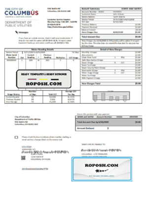 USA Ohio City of Columbus utility bill template in Word and PDF format