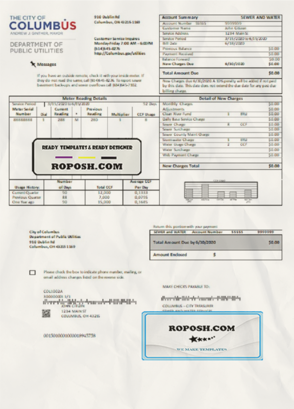USA Ohio City of Columbus utility bill template in Word and PDF format scan effect