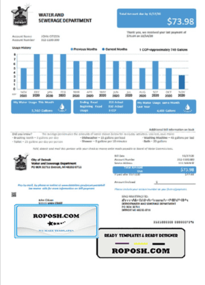 USA Ohio City of Detroit water utility bill template in Word and PDF format