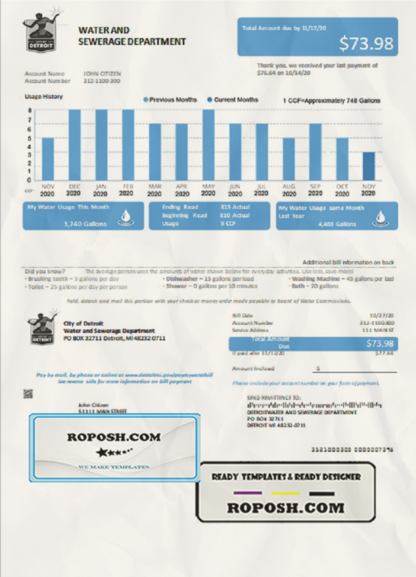 USA Ohio City of Detroit water utility bill template in Word and PDF format scan effect