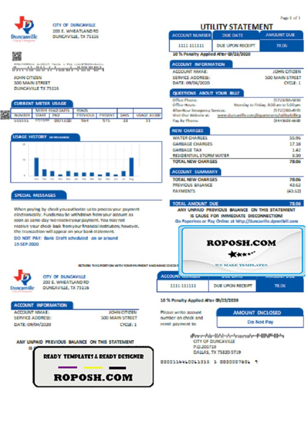 USA Texas City of Duncanville water, sewer, garbage utility bill template in Word and PDF format