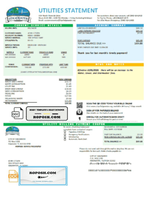 USA Florida City of Edgewater utility bill template in Word and PDF format
