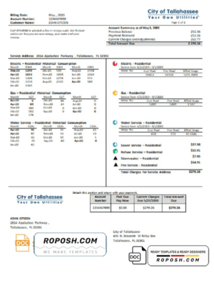 USA Florida City of Tallahassee Florida Your Own Utilities bill template in Word and PDF format