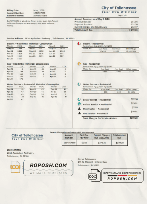 USA Florida City of Tallahassee Florida Your Own Utilities bill template in Word and PDF format