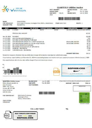 USA Canada City of Vernon water utility bill template in Word and PDF format