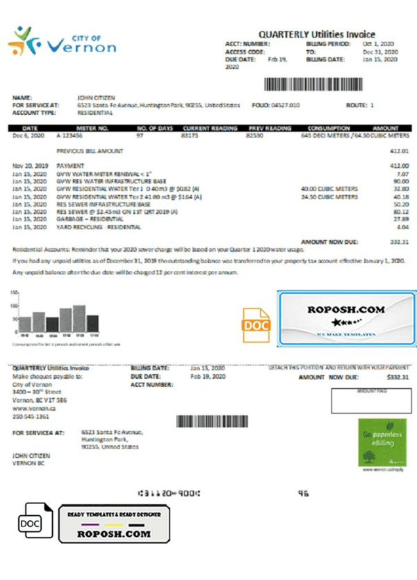 USA Canada City of Vernon water utility bill template in Word and PDF format