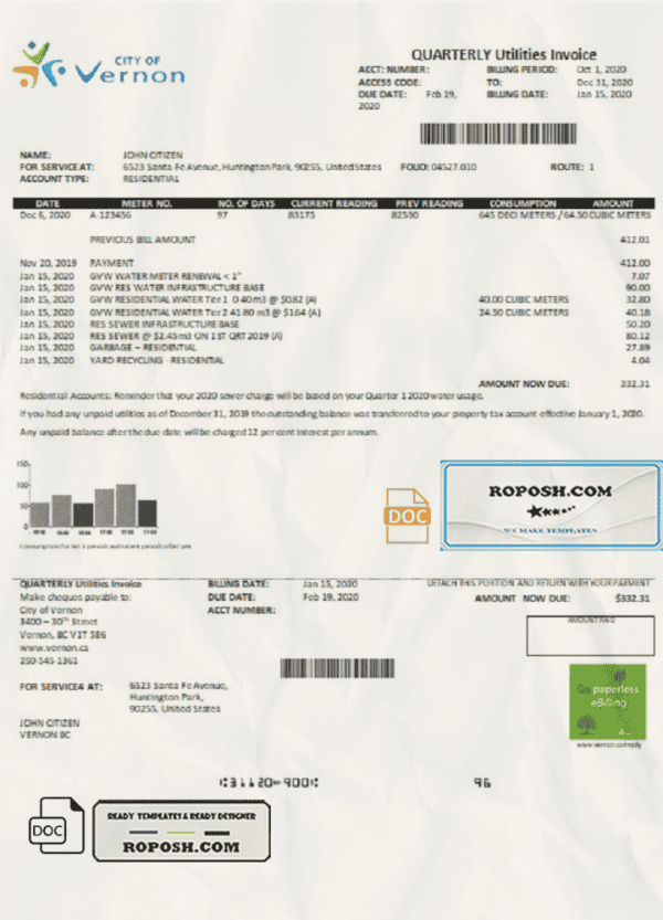 USA Canada City of Vernon water utility bill template in Word and PDF format