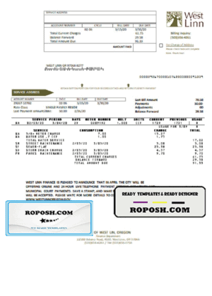 USA Oregon City of West Linn utility bill template in Word and PDF format