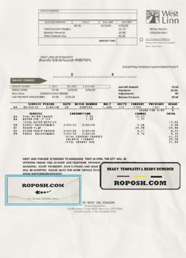 USA Oregon City of West Linn utility bill template in Word and PDF format
