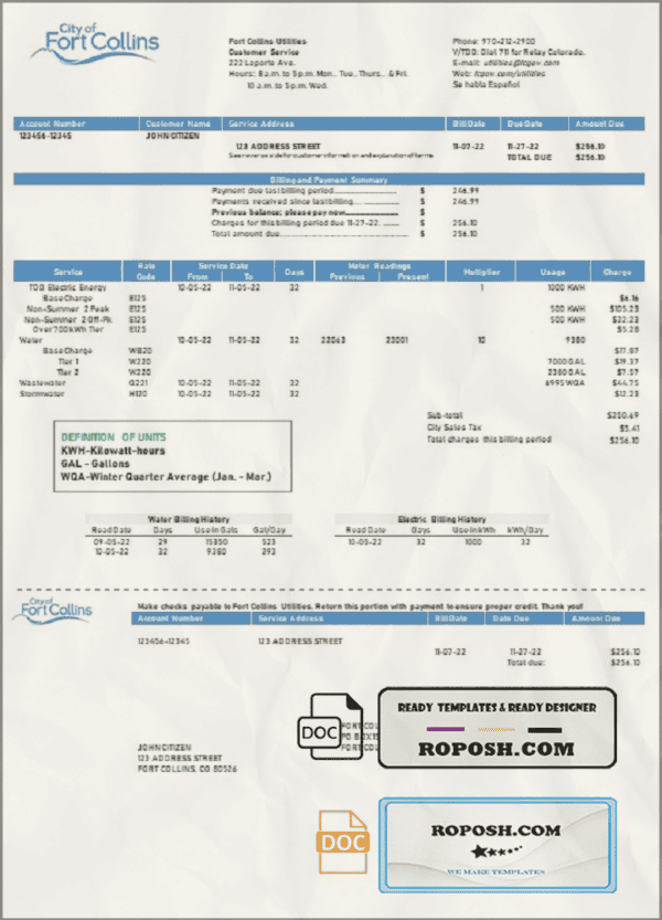 USA Colorado Fort Collins Utilities utility bill template in Word and PDF format