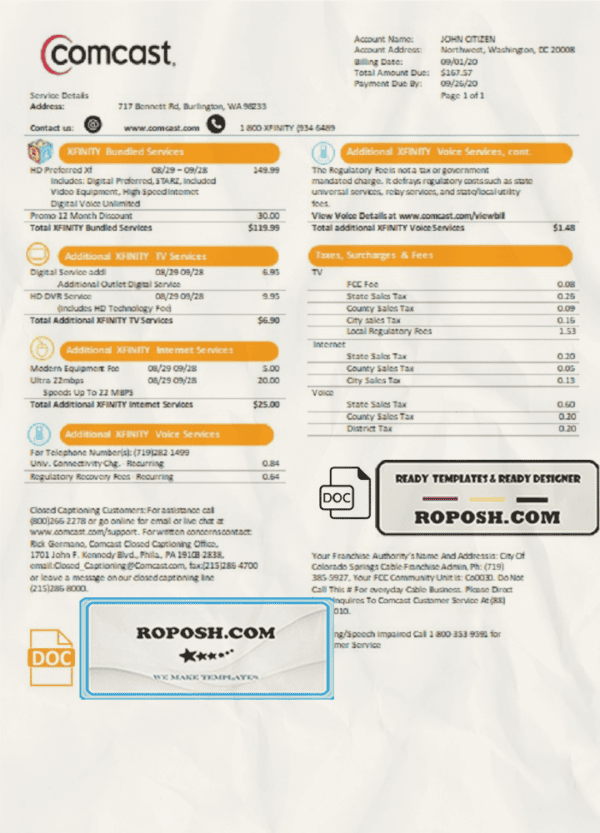 USA Utah Comcast utility bill template in Word and PDF format, version 2