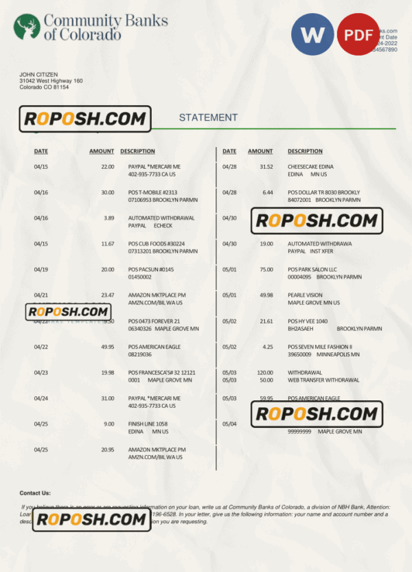 USA Community Banks of Colorado bank statement Word and PDF template