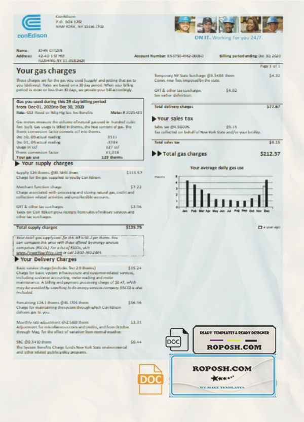 USA Con Edison gas utility bill template in Word and PDF format scan effect