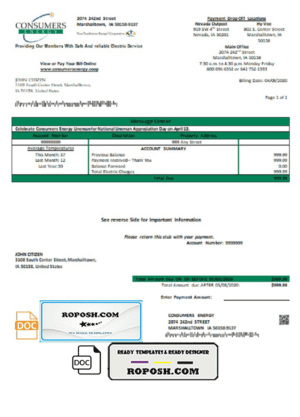 USA Iowa Consumers Energy utility bill template in Word and PDF format