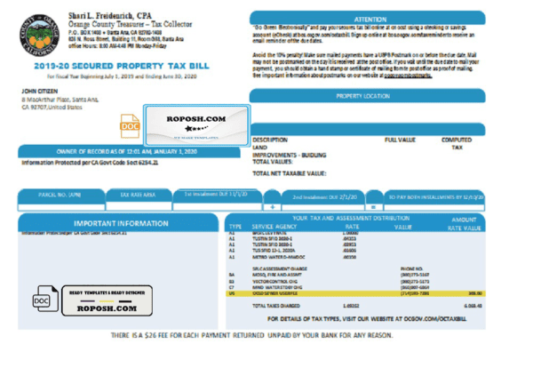 USA County of Orange California property tax bill template in Word and PDF format