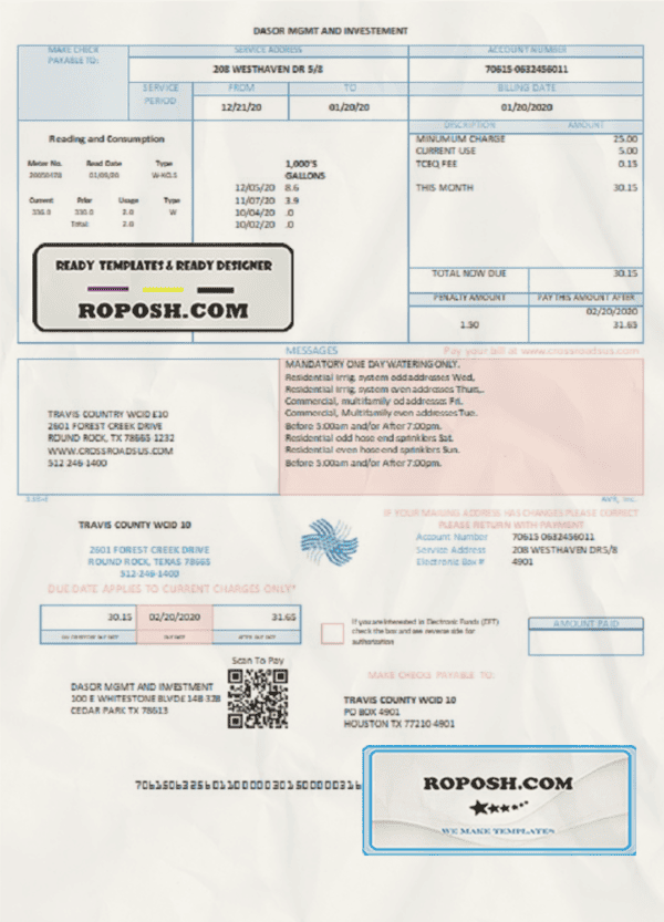 USA Texas Dasor Management and Investment utility bill template in Word nd PDF format