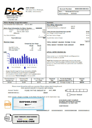 USA Pennsylvania Duquesne light utility bill template in Word and PDF format