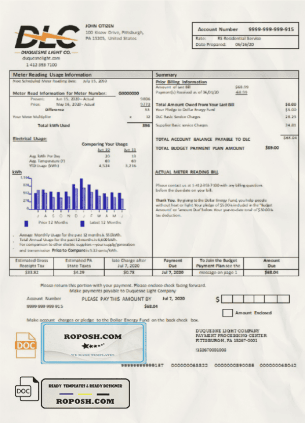 USA Pennsylvania Duquesne light utility bill template in Word and PDF format