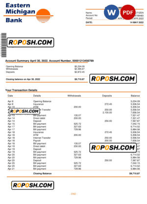 USA Eastern Michigan bank account statement Word and PDF template