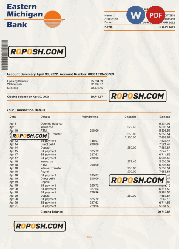 USA Eastern Michigan bank account statement Word and PDF template