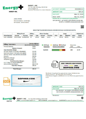 USA Massachusetts Energy Plus electricity utility bill template in Word and PDF format