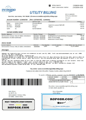 USA California Escondido City of Choice utility bill template in Word and PDF format