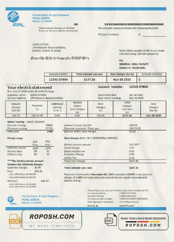 USA Florida Power & Light Company (FPL) electricity utility bill template in Word and PDF format scan effect