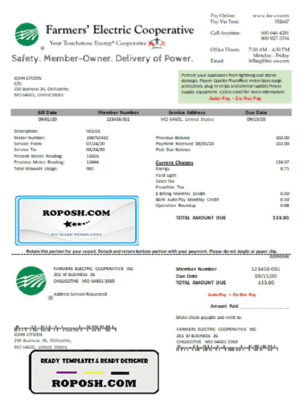 USA Ohio Farmer’s Electric Cooperative utility bill template in Word an PDF format