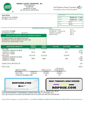 USA Ohio Farmers Electric Cooperative utility bill template in Word and PDF format, version 2