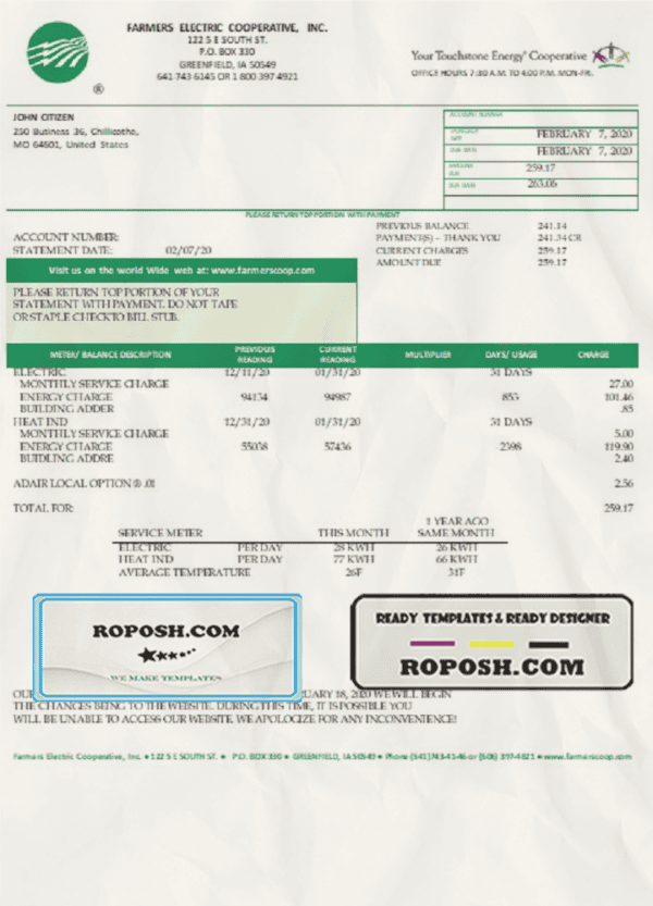 USA Ohio Farmers Electric Cooperative utility bill template in Word and PDF format, version 2