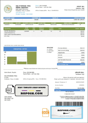 USA Florida City of Pembroke Pines Utilities Department utility bill template in Word and PDF format