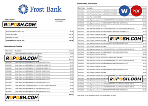 USA Frost bank statement, Word and PDF template, 2 pages