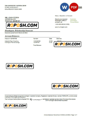USA Ohio Huntington bank statement Word and PDF template, 7 pages