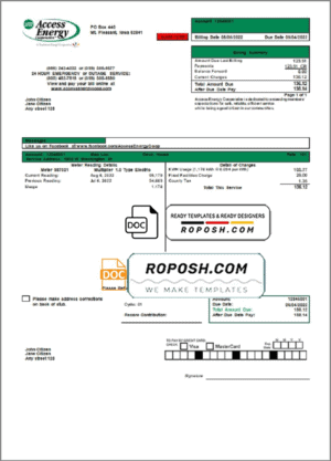 USA Iowa Access Energy Cooperative utility bill template in Word and PDF format