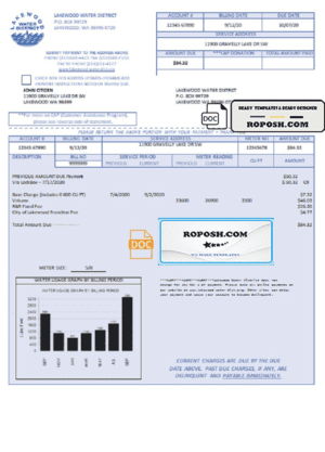 USA Lakewood Water District utility bill template in Word and PDF format
