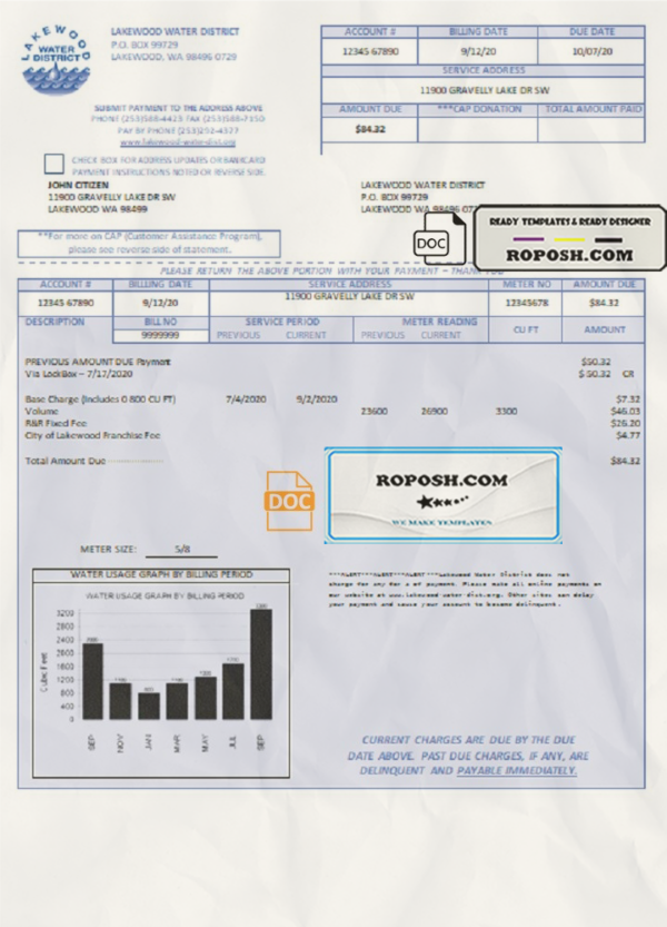USA Lakewood Water District utility bill template in Word and PDF format scan effect