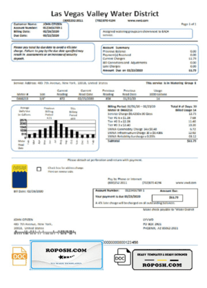 USA Las Vegas Valley Water District (LVVWD) utility bill template in Word and PDF format
