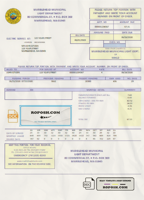 USA Marblehead Municipal Light Department utility bill template in Word and PDF format scan effect