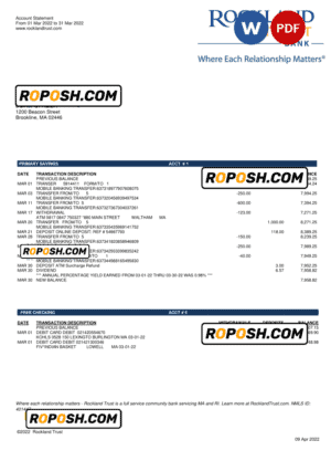 USA Massachusetts Rockland Trust bank statement Word and PDF template