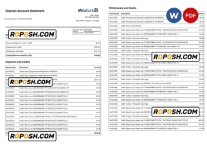 USA Metabank deposit account statement, Word and PDF template, 3 pages
