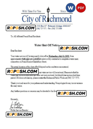 USA Michigan City of Richmond water utility bill shutoff notice, Word and PDF template