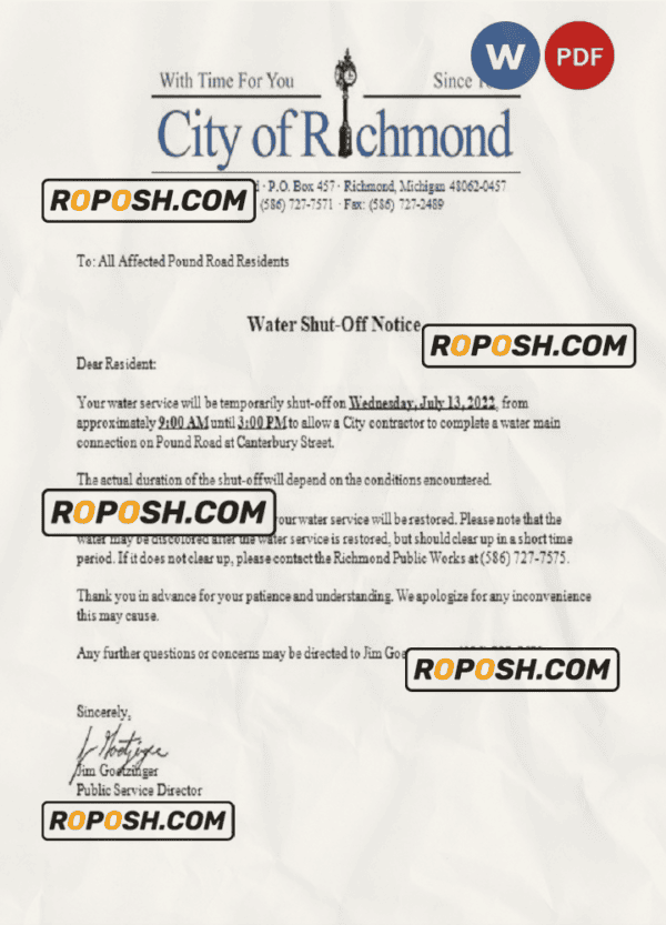 USA Michigan City of Richmond water utility bill shutoff notice, Word and PDF template