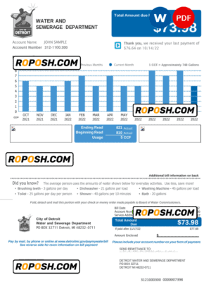USA Michigan Water and Sewerage Department utility bill, Word and PDF template, 2 pages
